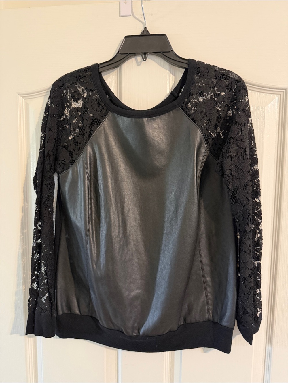 Bailey 44 Black Faux Leather & Lace Long Sleeve Top